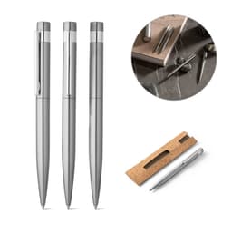 A set of three silver ballpoint pens with stainless steel bodies, featuring a clip and a cork packaging.