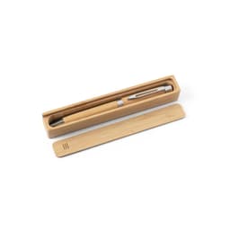 A bamboo ballpoint pen with a silver clip and twist mechanism, presented in a wooden box.