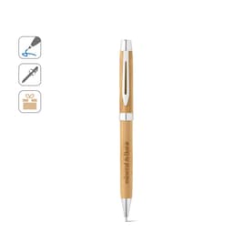 A bamboo ballpoint pen with a silver clip and twist mechanism, featuring a branding logo.