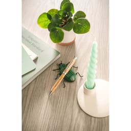 A bamboo ballpoint pen with a clip and twist mechanism, resting on a wooden surface alongside a green plant and candle.