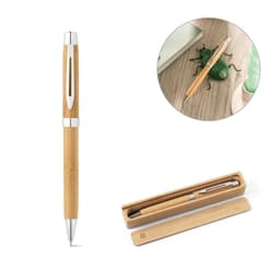 A bamboo ballpoint pen with a silver clip and twist mechanism, presented in a wooden case.