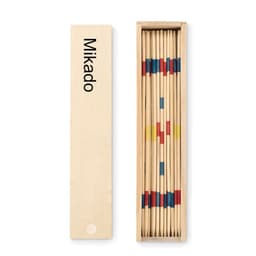 A wooden Mikado game set featuring bamboo sticks in natural, red, yellow, and blue colours, housed in a rectangular box with a logo.
