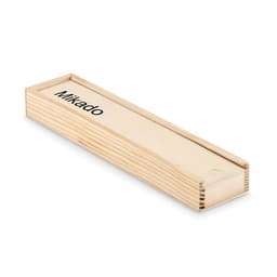 A wooden box holding a game set, featuring a light wood finish and a flat top with a branding logo.