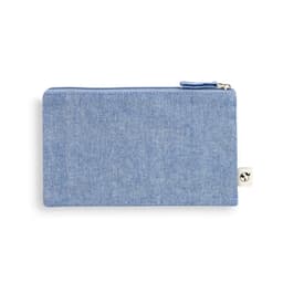 A blue multifunction bag made from recycled cotton and polyester, with a zip closure and a small logo.