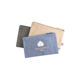 Three pouches in grey, beige, and blue, made from natural materials, each with a zip and one featuring a logo.