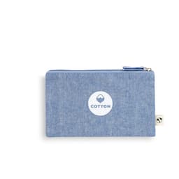 A blue multifunction bag made from recycled cotton and polyester, featuring a logo on the front.