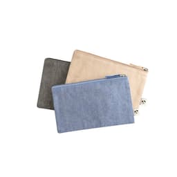 A set of three multifunction bags in grey, beige, and light blue, made from recycled materials, featuring zippers.