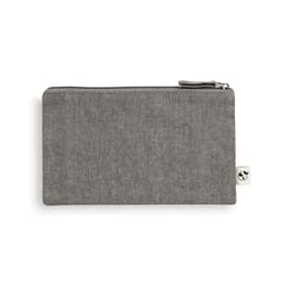 A grey multifunction bag made of recycled cotton and polyester, featuring a zipper and a small logo.
