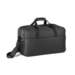 A black duffle bag made of 600D recycled polyester with a shoulder strap and handle, featuring a logo.