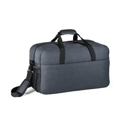 A grey duffle bag made of 600D recycled polyester, featuring dual handles and a shoulder strap. It has a logo.