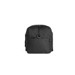 A black duffle bag made from recycled polyester, featuring a front pocket and a logo.