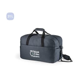 A grey duffle bag with a shoulder strap and branding on the front, made from recycled polyester.