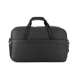 A black duffle bag made from 600D recycled polyester with dual handles and a side zipper pocket, featuring a logo.