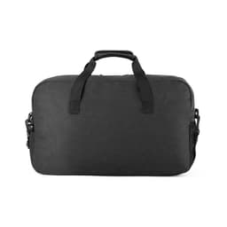 A black duffle bag made of 600D recycled polyester with handles and a zippered compartment. Features a logo.