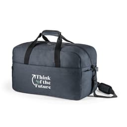 A dark grey duffle bag with black straps and a logo on the front. Made from 600D recycled polyester.