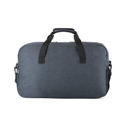 A grey duffle bag with black straps and a side pocket, featuring a logo on the front.