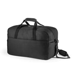 A black duffle bag made from 600D recycled polyester, featuring handles and a shoulder strap, with a logo.