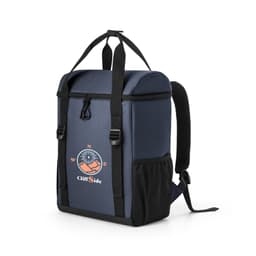 A thermal backpack in navy blue, padded in recycled polyester, featuring black straps and a side pocket.