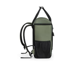 A thermal backpack in olive green, featuring padded compartments and a black mesh side pocket. Includes a logo.