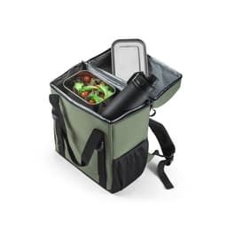 A thermal backpack in green and black, featuring compartments for a drink bottle and food container.