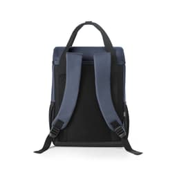 A thermal backpack in navy blue with padded shoulder straps and a mesh back panel, featuring a logo.