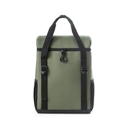 A thermal backpack in olive green, padded, made from recycled polyester, featuring black straps and zip closures.