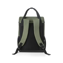 A thermal backpack in olive green, featuring padded straps and a mesh back for comfort, with a logo.