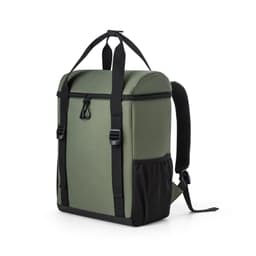 A thermal backpack in green and black, featuring padded straps and a side pocket, made from recycled polyester.