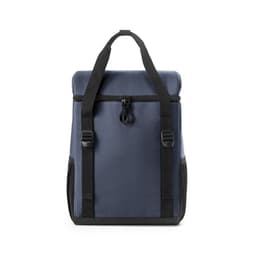 A thermal backpack in navy, padded, with black straps and zip closure, featuring a logo. Holds 16 litres.