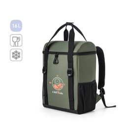 A thermal backpack in green, padded with recycled polyester, featuring adjustable straps and a side pocket.