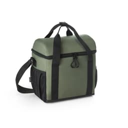 A padded cooler bag in olive green and black, featuring dual straps, a zippered compartment, and a side pocket.