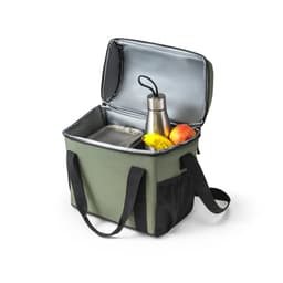 A padded cooler bag in olive green containing a drink bottle, an apple, a banana, and a lunch container.