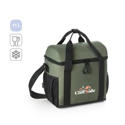 A padded cooler bag in green and black, featuring a logo, with an 11 L capacity and multiple carrying options.
