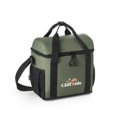 A padded cooler bag in green and black, featuring a shoulder strap and a logo on the front.