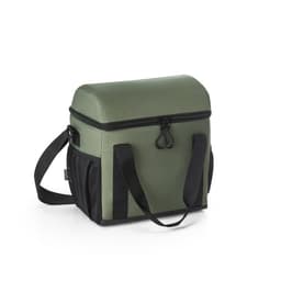 A padded cooler bag in olive green and black, featuring a zippered top and side pockets. It has dual handles.