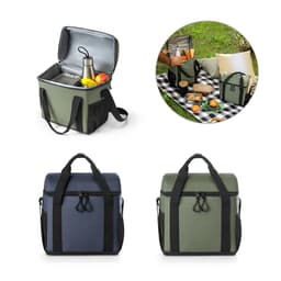 A padded cooler bag in green and black, with a grey interior, featuring dual handles and a logo.