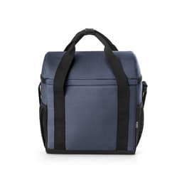 A padded cooler bag in navy blue and black, made from recycled polyester, featuring dual handles and a side mesh pocket.