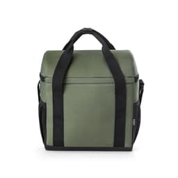 A padded cooler bag in olive green with black straps and a side mesh pocket, featuring a logo.