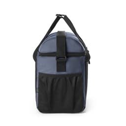 A padded cooler bag in navy and black, featuring a front mesh pocket and an adjustable shoulder strap.