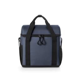 A padded cooler bag in navy blue, made from 600D ripstop recycled polyester, featuring shoulder straps and a zip closure.