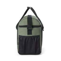 A padded cooler bag in green and black, made from recycled polyester with a front mesh pocket and adjustable strap.