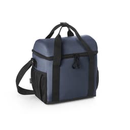 A padded cooler bag in navy and black, featuring a zippered main compartment and a side pocket. It has a logo.