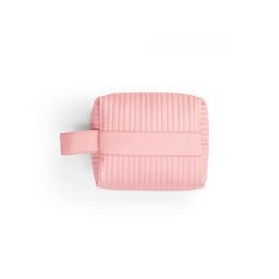 A pink PU handbag featuring quilted detailing and a sturdy handle. The item has a logo on its side.