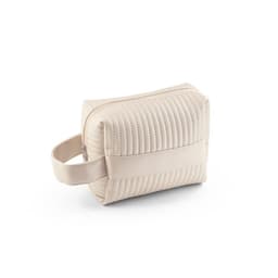 A beige PU handbag with quilted texture and a side handle. It features a zip closure and a smooth base.