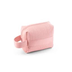 A pink quilted handbag with a zip closure and a handle, made from recycled materials. It features a logo.