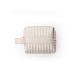 A cream handbag with a textured design and a handle, featuring a logo. Made from recycled materials.