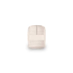 A cream-coloured handbag made from recycled materials, featuring stitched detailing and a logo.