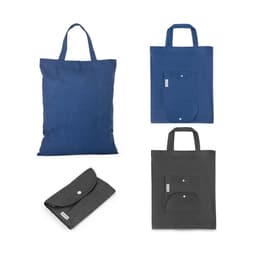 A foldable bag in navy blue and grey, made from cotton and recycled materials, featuring a front pocket and branding.