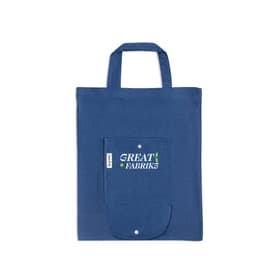A foldable bag in blue, made from cotton, recycled cotton, and polyester, featuring a pocket and a logo.