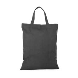 A foldable bag in grey, made from cotton, recycled cotton, and polyester, featuring handles and a logo.